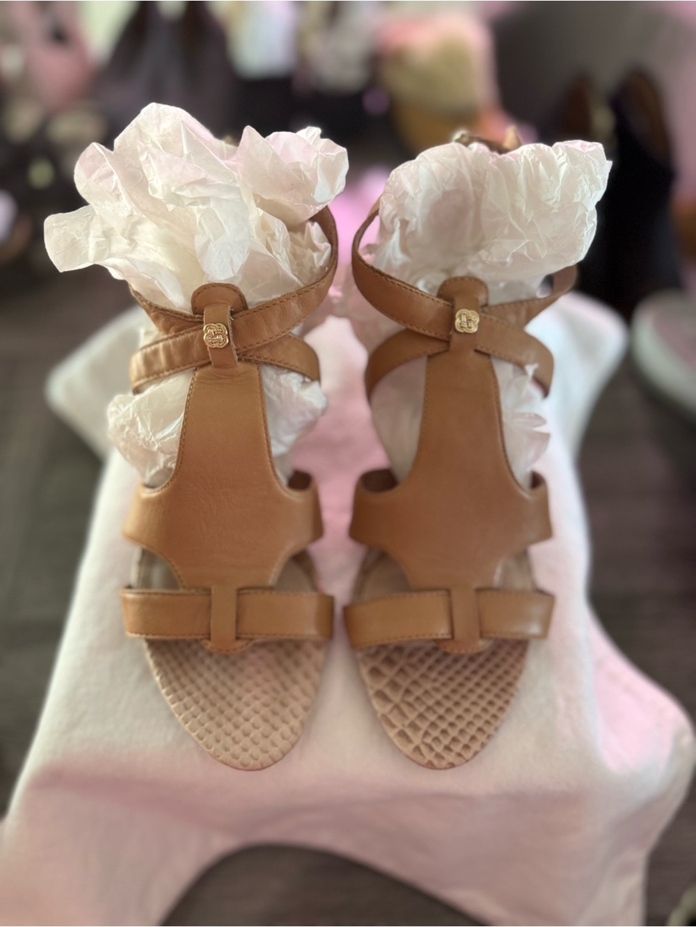8.5 Elliott Lucca Lorena Tan Leather Wedge Sandals w/Zipper Back Closure